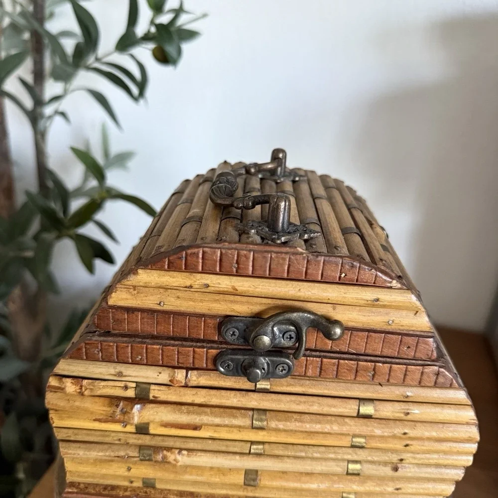 Vintage Bamboo Rattan Wooden Treasure Chest Trinket Box Hinged w/ Metal Latch 6